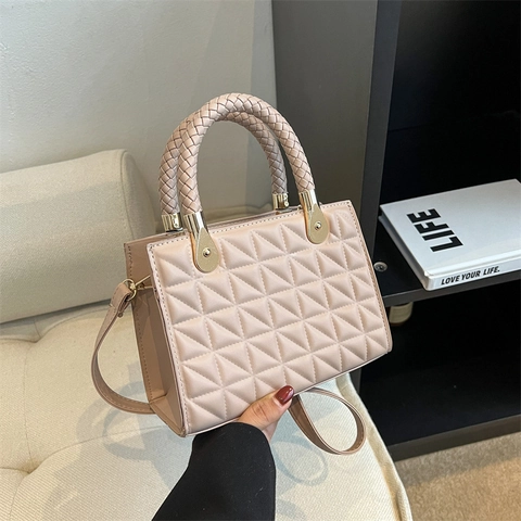 Borsa a Mano da Donna in Pelle PU Retro con Trapuntatura a Rombi Manico Intrecciato Hardware Dorato Borsa a Tracolla Spalla Piccola Quadrata