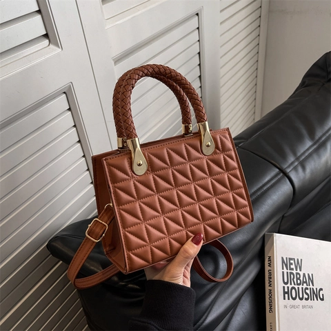 Borsa a Mano da Donna in Pelle PU Retro con Trapuntatura a Rombi Manico Intrecciato Hardware Dorato Borsa a Tracolla Spalla Piccola Quadrata