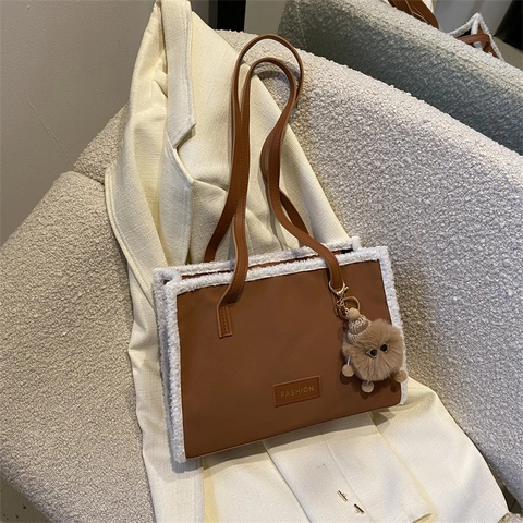 Bolso Tote De Cuero PU Para Mujer Ribete Borrego Sintético Gran Capacidad Color Contraste Bolso Hombro Invierno Moda Retro
