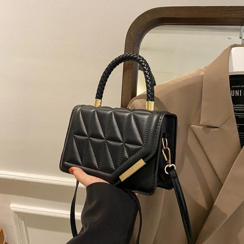 Bolso Bandolera Cuadrado Acolchado de Moda Para Mujer Con Asa Tejida Bolso de Hombro de Cuero PU Herrajes Dorados Mano
