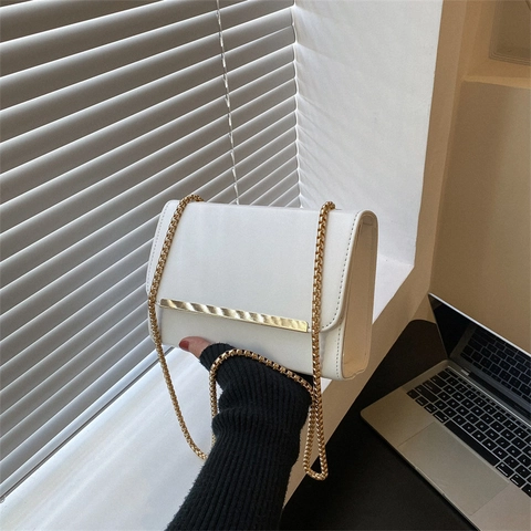 Bolso Bandolera de Cuero PU para Mujer Decoración de Barra de Metal Dorado Bolso Cuadrado Pequeño con Correa de Cadena Cierre Magnético
