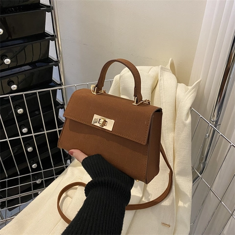 Women Vintage PU Leather Small Square Crossbody Bag Metal Twist Lock Top Handle Retro Fashion Handbag Shoulder Bag