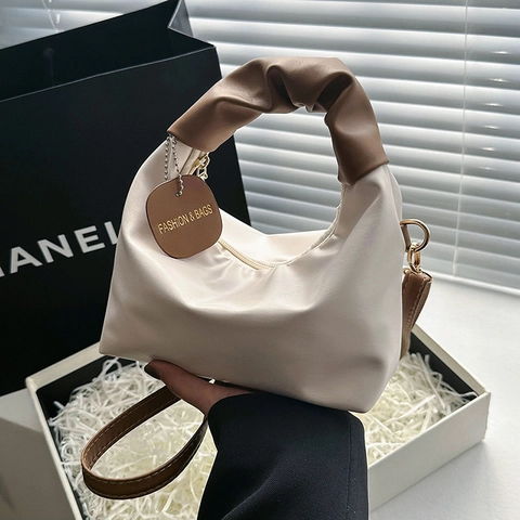 Bolso Bandolera de Mujer Con Asa Plisada Bolso de Hombro de Cuero PU Con Correa Extraíble Bolso de Mano de Color Sólido