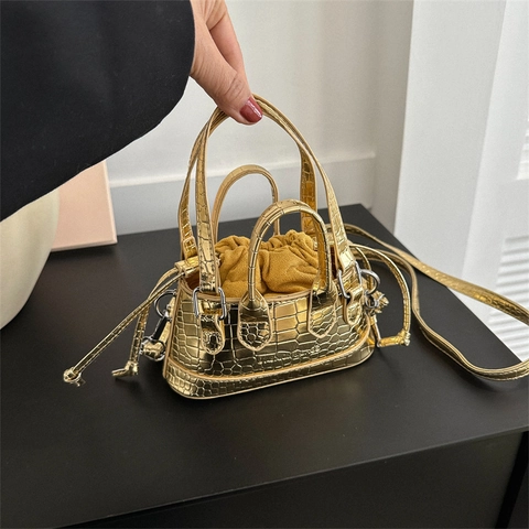 Sac Bandoulière Mini Motif Crocodile pour Femmes Sac à Main à la Mode en Cuir PU Avec Poche Intérieure à Cordon Sac Tote Rétro