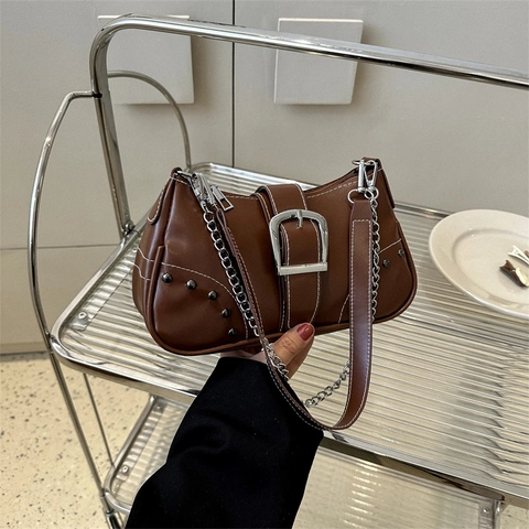 Borsa Sottobraccio in Pelle PU Donna Vintage Moda Decorazione Nieten Catena Cuciture a Contrasto Borsa a Spalla Trendy