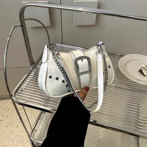 Borsa Sottobraccio in Pelle PU Donna Vintage Moda Decorazione Nieten Catena Cuciture a Contrasto Borsa a Spalla Trendy