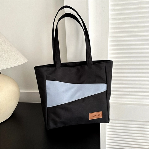 Bolso Tote de Mujer Minimalista de Tela Oxford con Bloques de Color Gran Capacidad Bolso de Hombro Casual Parche Cuero Diseño Geométrico