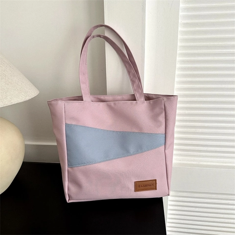 Bolso Tote de Mujer Minimalista de Tela Oxford con Bloques de Color Gran Capacidad Bolso de Hombro Casual Parche Cuero Diseño Geométrico