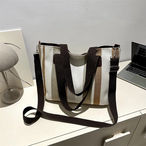 Women Large Vertical Stripe Cotton Linen Tote Bag Fashion Commuter Shoulder Bag With Adjustable Strap Retro Casual Handbag