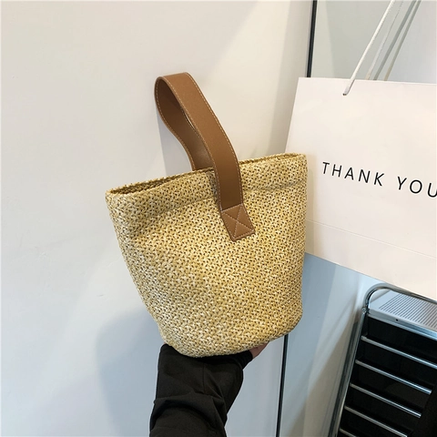 Borsa A Secchiello Intrecciata In Paglia Stile Vacanza Spiaggia Estate Con Manico In Pelle PU Grande Capacità Donna