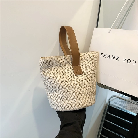 Borsa A Secchiello Intrecciata In Paglia Stile Vacanza Spiaggia Estate Con Manico In Pelle PU Grande Capacità Donna
