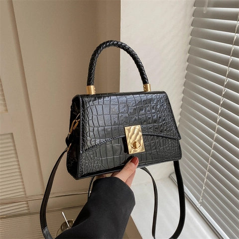 Bolso de Mano para Mujer de Cuero PU con Patrón de Cocodrilo Asa Trenzada Retro Bolso Bandolera Cuadrado Cierre Dorado Moda