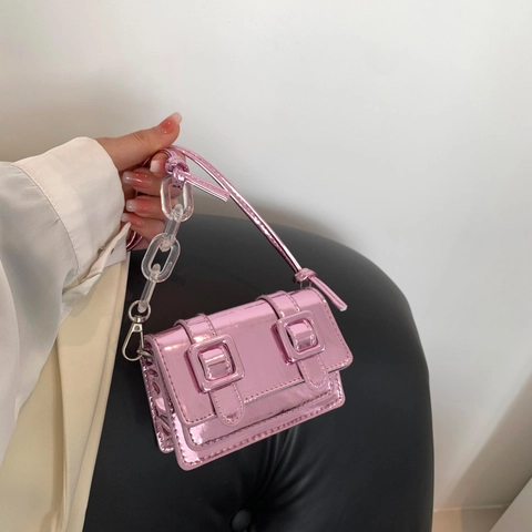Borsa a Tracolla Mini da Donna in Pelle PU Metallica Piccola Borsa Quadrata Con Catena in Acrilico Stile Y2K