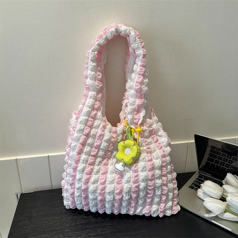 Borsa Tote da Donna Grande Capacità Texture Popcorn Estetica Bolla Quadri Righe Borsa a Tracolla Con Ciondolo a Fiore Borsa da Scuola