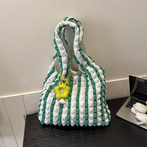 Borsa Tote da Donna Grande Capacità Texture Popcorn Estetica Bolla Quadri Righe Borsa a Tracolla Con Ciondolo a Fiore Borsa da Scuola