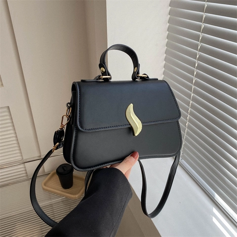 Women PU Leather Crossbody Bag Fashion Solid Color Small Square Handbag With Golden Wave Lock Shoulder Bag For Daily Use