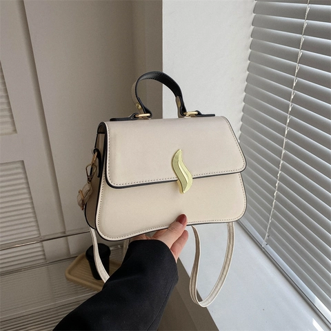 Women PU Leather Crossbody Bag Fashion Solid Color Small Square Handbag With Golden Wave Lock Shoulder Bag For Daily Use