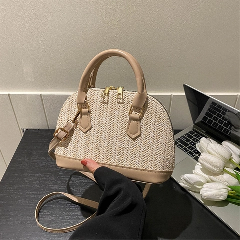 Damen Gewebte Stroh-Muschel-Tasche PU-Leder Besatz Umhängetasche Mit Verstellbarem Riemen Sommer Strand Handtasche