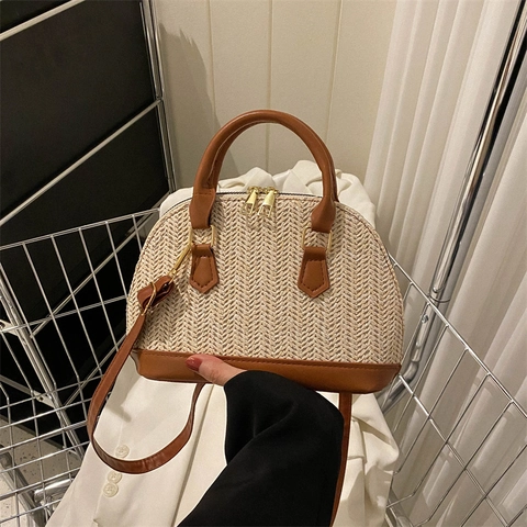 Damen Gewebte Stroh-Muschel-Tasche PU-Leder Besatz Umhängetasche Mit Verstellbarem Riemen Sommer Strand Handtasche