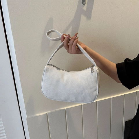 Vintage Corduroy Underarm Bag For Women Solid Color Simple Hobo Bag Striped Texture Single Shoulder Bag Stylish Baguette Handbag