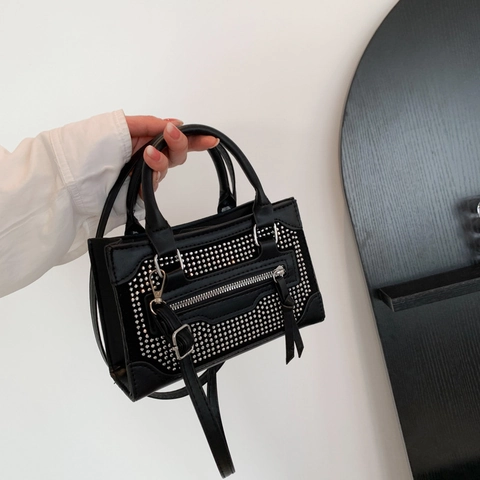 Mode Dames Mini Handtas Klinknagels Strass PU Leer Crossbodytas Kwastjes Motorstijl Schoudertas Party Portemonnee