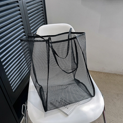 Bolso Tote de Malla de Gran Capacidad para Mujer Moda Minimalista Bolso de Hombro de Malla Color Sólido Translúcido Bolso de Playa