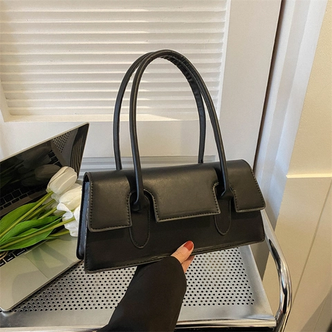 Bolso de Hombro de Axila de Cuero PU Minimalista de Estilo Francés para Mujer Bolso Cuadrado Retro de Color Sólido con Solapa Magnética