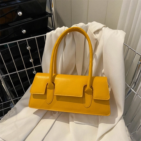 Bolso de Hombro de Axila de Cuero PU Minimalista de Estilo Francés para Mujer Bolso Cuadrado Retro de Color Sólido con Solapa Magnética