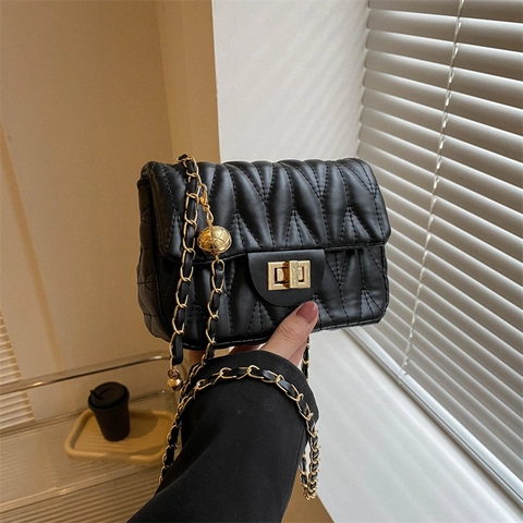 Damen Retro V-Gesteppt Umhängetasche PU-Leder Kleine Quadratische Tasche Mit Goldkette Verstellbarer Kugelriemen Schultertasche