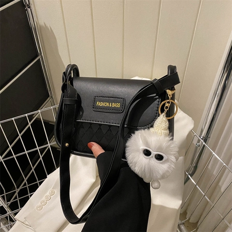 Retro Quilted PU Leather Women Crossbody Bag Fashion Casual Shoulder Square Bag With Plush Monster Pendant Daily Use