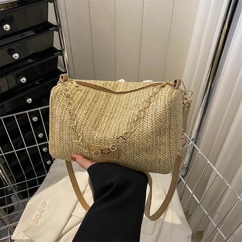 Borsa a Tracolla Intrecciata alla Moda da Donna Con Catena a Fiori d'Oro Borsa a Spalla Stile Paglia Estiva per Vacanza Spiaggia
