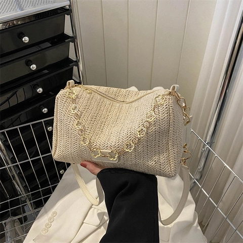 Borsa a Tracolla Intrecciata alla Moda da Donna Con Catena a Fiori d'Oro Borsa a Spalla Stile Paglia Estiva per Vacanza Spiaggia