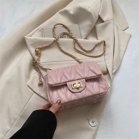 Bolso Bandolera de Cuero PU Acolchado de Moda para Mujer Con Ajustador de Bola de Oro Cadena Bolso de Hombro Cuadrado