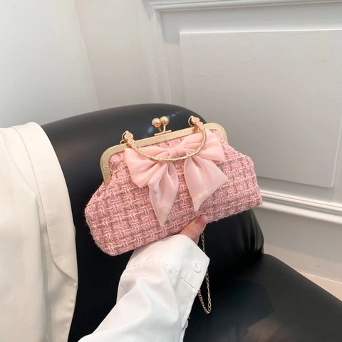 Sac à Bandoulière en Tweed Vintage Avec Grand Nœud Poignée en Métal Doré Chaîne Élégant Sac à Main de Soirée pour Femme