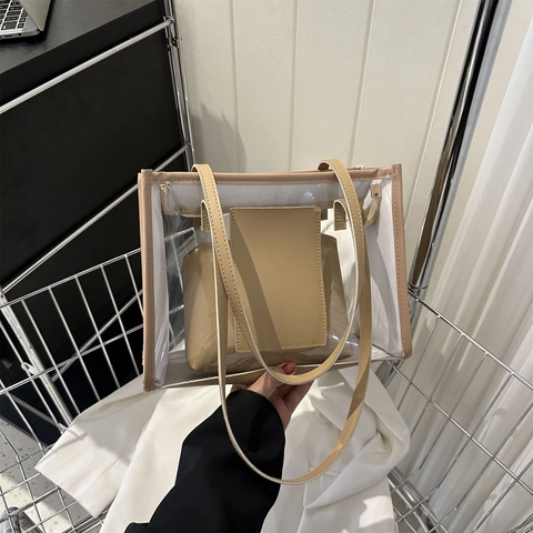 Damen Transparent PVC Shopper Mit PU-Leder Innentasche Große Kapazität Minimalistisch Sommer Strand Schultertasche Handtasche