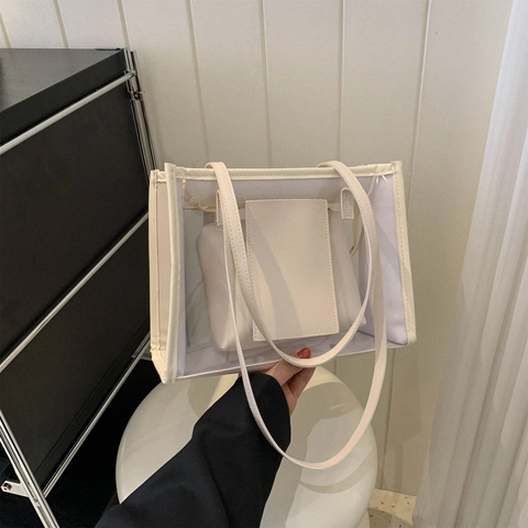 Damen Transparent PVC Shopper Mit PU-Leder Innentasche Große Kapazität Minimalistisch Sommer Strand Schultertasche Handtasche