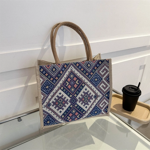 Ethno Stil Gewebte Tragetasche Damen Geometrisches Muster Große Kapazität Schultertasche Casual Leinen Leinwand Shopper