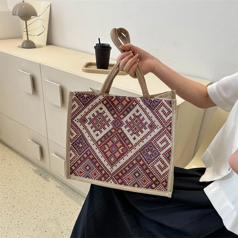 Ethno Stil Gewebte Tragetasche Damen Geometrisches Muster Große Kapazität Schultertasche Casual Leinen Leinwand Shopper