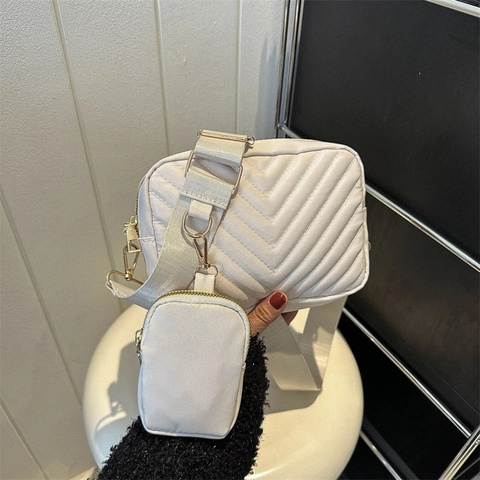 Quilted Chevron Crossbody Bag Women Oxford Cloth Wide Strap Casual Square Bag With Removable Round Pouch Gold Hardware