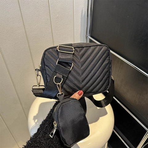 Quilted Chevron Crossbody Bag Women Oxford Cloth Wide Strap Casual Square Bag With Removable Round Pouch Gold Hardware