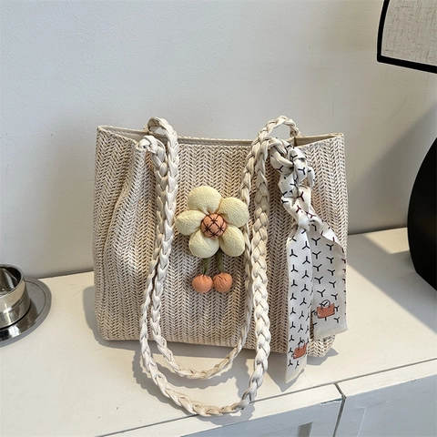 Damen Gewebte Stroh-Tote-Tasche Casual Urlaub Sommer Strand Handtasche Mit Blumenanhänger Und Seidentuch Dekor Schultertasche