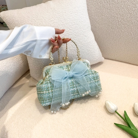 Dames Franse Retro Tweed Handtas Elegant Grote Mesh Strik Parel Decor Schoudertas Messenger Bag Metalen Ketting Handvat Party Tas