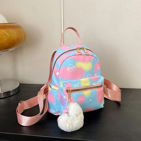 Mini Fashion Backpack For Women Girls Cute Gradient Macaron Tie Dye School Bag With Plush Heart Pendant Lightweight Polyester Small Daypack
