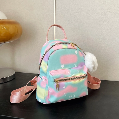 Mini Fashion Backpack For Women Girls Cute Gradient Macaron Tie Dye School Bag With Plush Heart Pendant Lightweight Polyester Small Daypack