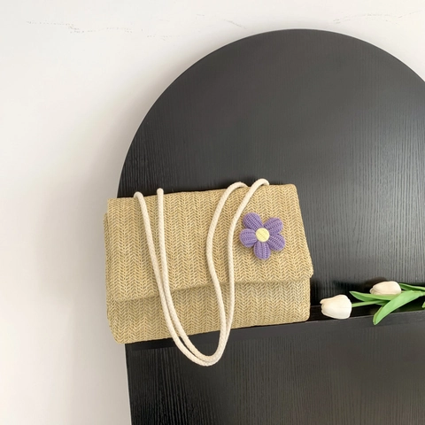 Women Straw Crossbody Bag With Purple Knitted Flower Decor Cotton Rope Strap Summer Beach Vacation Square Flap Woven Handbag