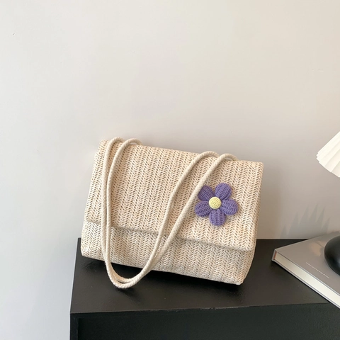 Women Straw Crossbody Bag With Purple Knitted Flower Decor Cotton Rope Strap Summer Beach Vacation Square Flap Woven Handbag