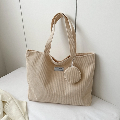 Corduroy Tote Bag Large Capacity Shoulder Handbag Casual Commuter With Round Coin Purse Vintage Fashion Patch