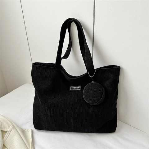 Corduroy Tote Bag Large Capacity Shoulder Handbag Casual Commuter With Round Coin Purse Vintage Fashion Patch