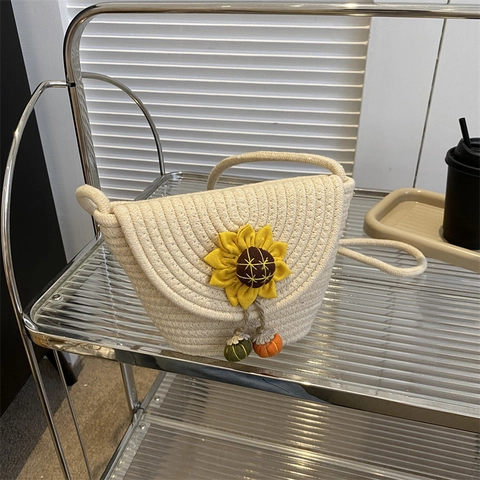 Borsa a Tracolla in Paglia da Donna Retrò Intrecciata a Mano Con Decorazione a Girasole Borsa da Spiaggia Estiva Piccola Quadrata per Vacanze