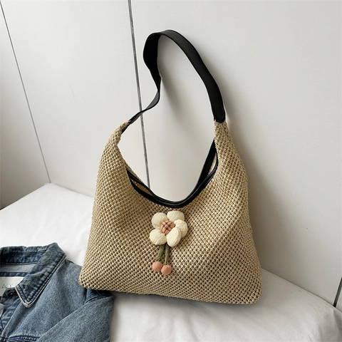 Damen Gewebte Stroh Einkaufstasche Große Kapazität Blumendekor Schulterhandtasche Für Sommer Strandurlaub Lässiger Stil